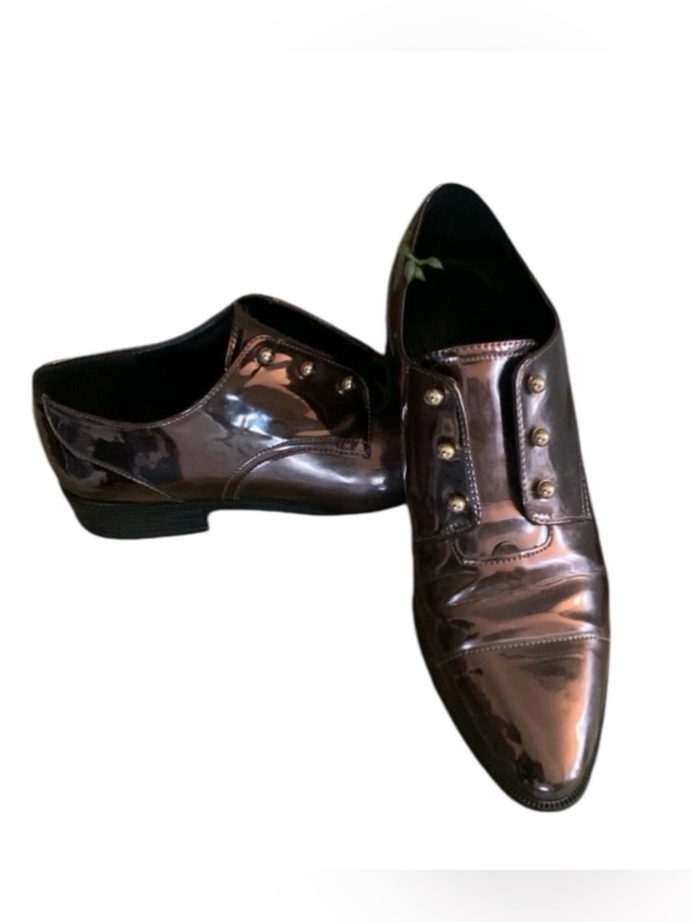 Nine West loafers, women's, 9, bronze, EUC, patent leather, edgy silver studs